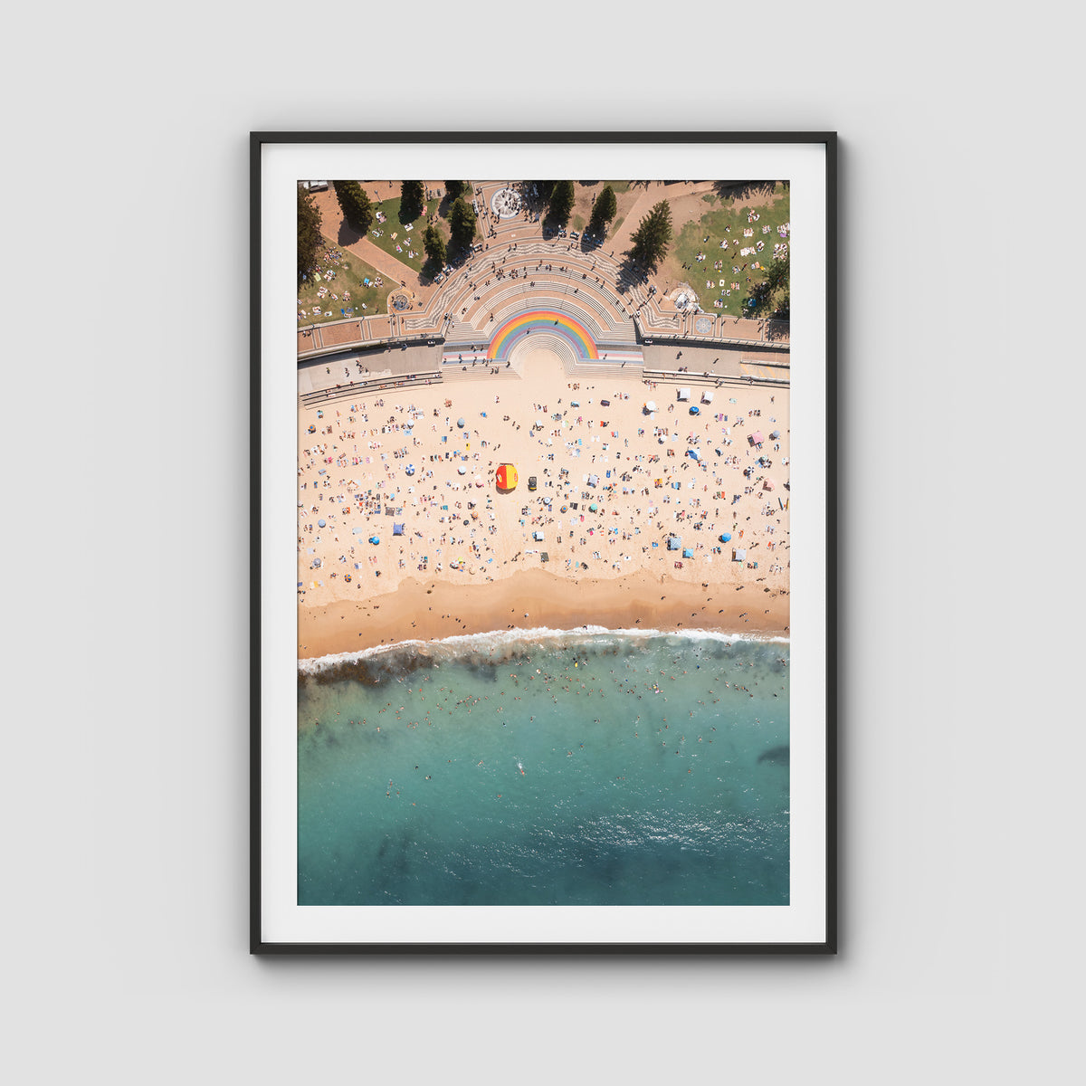 Coogee Beach Aerial – High Altitude Ocean Print - Traditional Frame - Black - Portrait