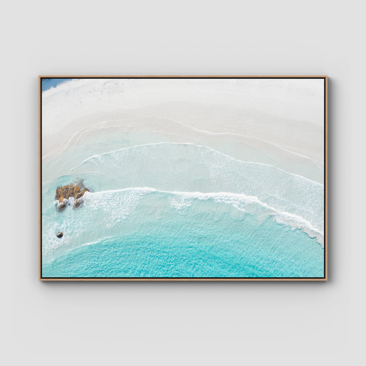 Twilight Beach Blue &amp; White - Art Print - Float Frame Canvas - Raw Oak - Landscape